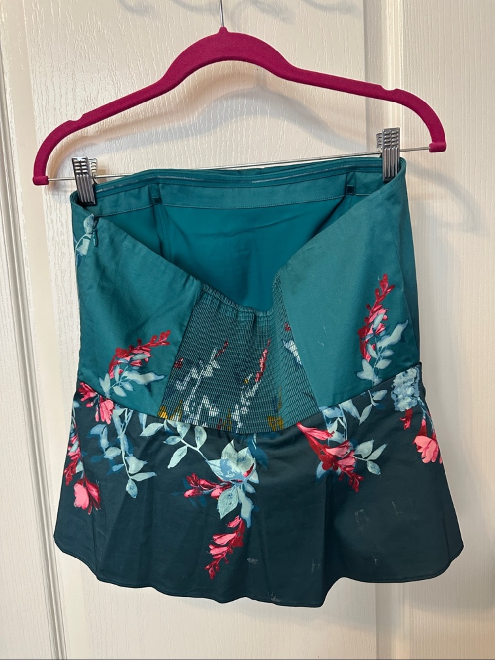 White House Black Market Teal Floral Strapless Peplum Crop Top - Picture 2 of 4